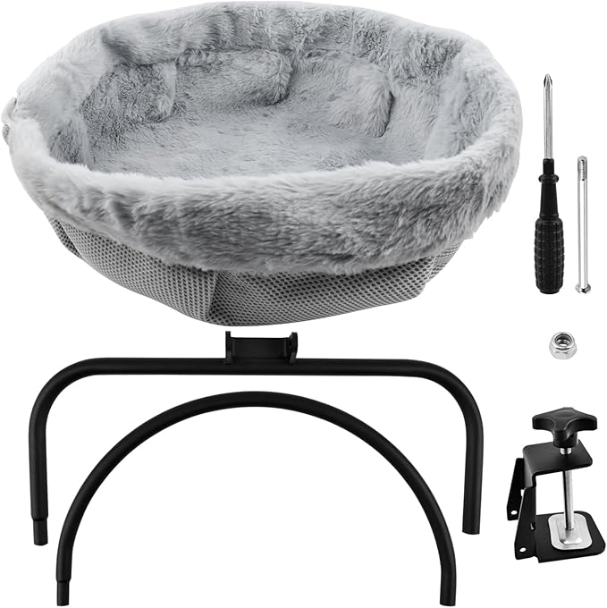 Cat Desk Bed for Remote Workers, 90° Foldable Washable Plush Cover Desk Perch Clamp, Sturdy Desktop Suspended Cat's Bed for Gaming Desks, Home Office, Maximum Hold Up to 40lb, Space-Saving