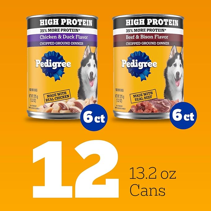 Pedigree High Protein Wet Dog Food,Adult Soft Canned Dog Food Variety Pack,Chicken Duck & Beef Bison Flavor,13.2 oz. Cans,12 Count (Pack of 2)