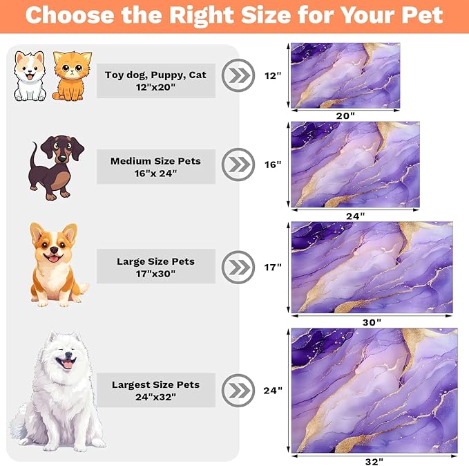 Purple Marble Dog Food Mat for Floors Absorbent, Quick Dry Water Dispenser Mat for Food, Water, Pet Supplies 24" x 32", Gold Purple Abstract