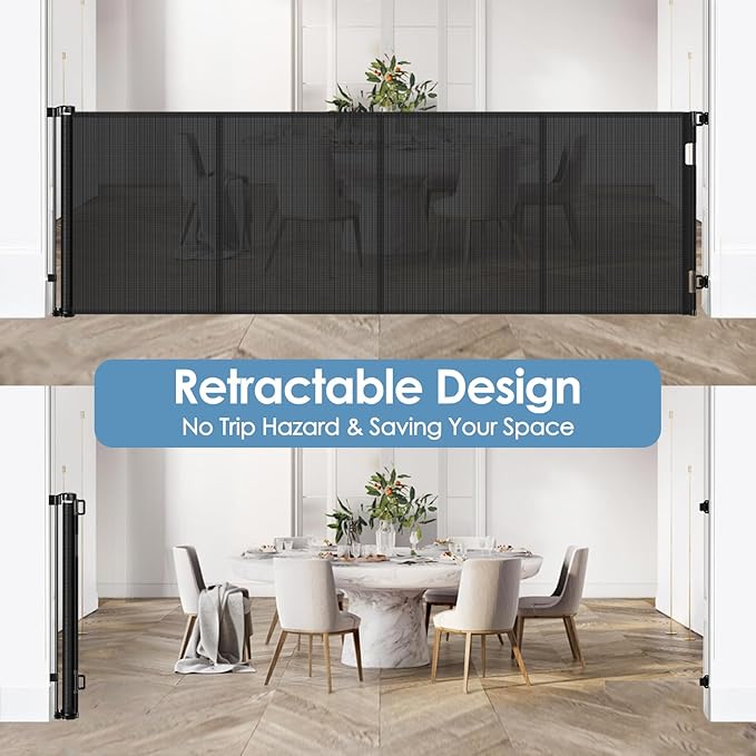 Reinforced 200 Inch Extra Wide Retractable Baby Gates with Reinforced Rods, Retractable Dog Gate Prevent Bottom Crawling Through, Mesh Pet Gate for Large Openings, Black