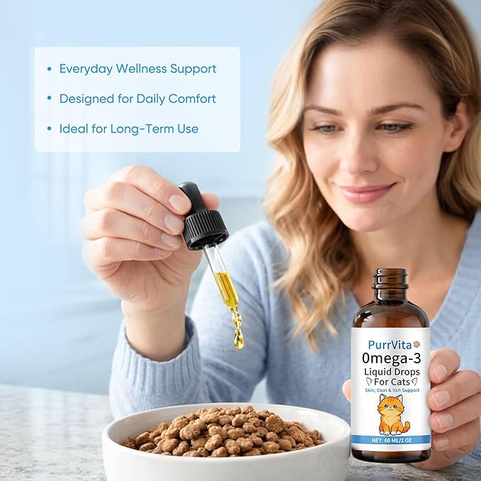 PurrVita Omega-3 Liquid Drops for Cats – Supports Healthy Skin & Coat, Natural Fish Oil Supplement for Feline Wellness 60ml (1)