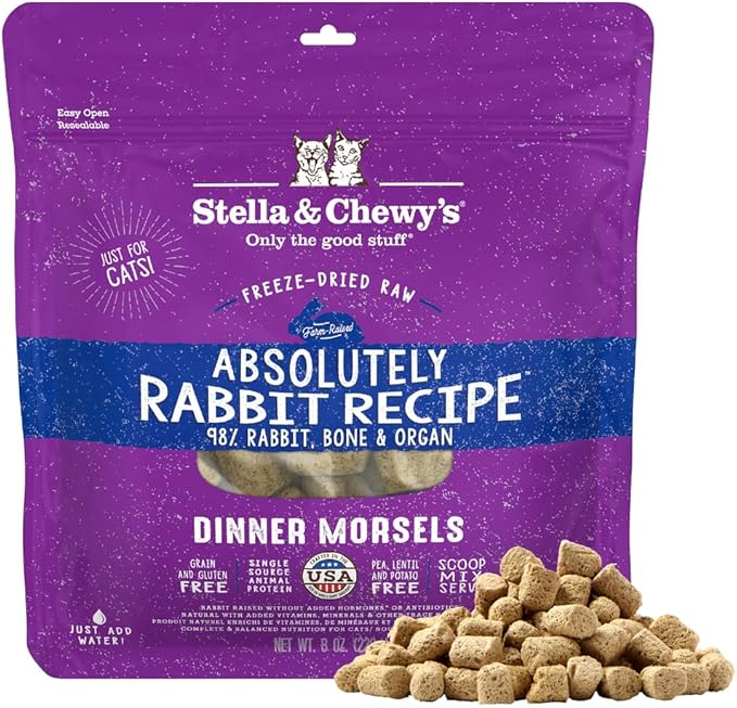 Stella & Chewy's Freeze-Dried Raw Cat Dinner Morsels - Premium Rabbit Recipe with 98% Responsibly-Sourced Meat & Organs - Natural Grain-Free Cat & Kitten Food - Made in USA - 8 oz