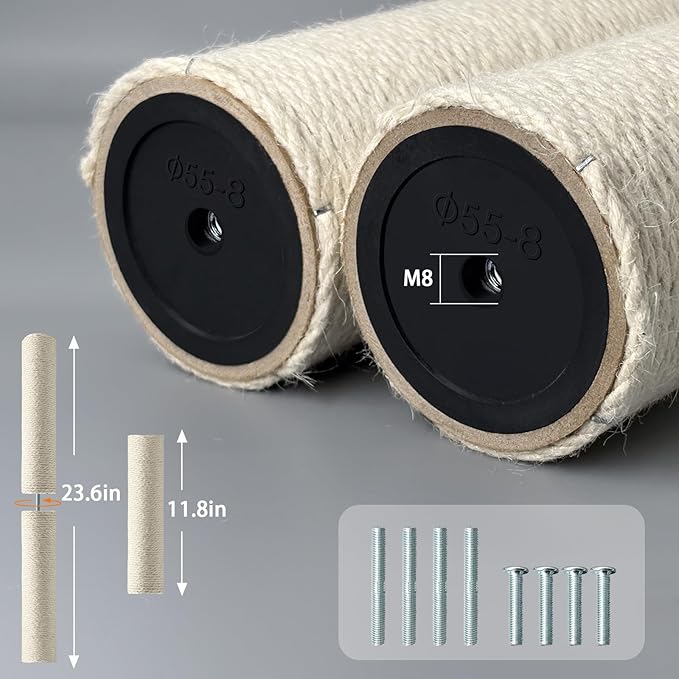 4 Pack Cat Scratching Post Replacement, 11.8 x 2.7 Inch Sisal Poles with M8 Screws, Refill Parts for Indoor Cat Towers and Furniture Repair-White