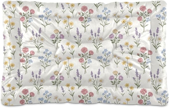 Dog Bed for Crate Washable Pet Sleep Pad, Floral Print Kennel Mat with Non-Slip Bottom, Soft Fluffy Supplies Pet for Dogs and Cats (24x18 inch)
