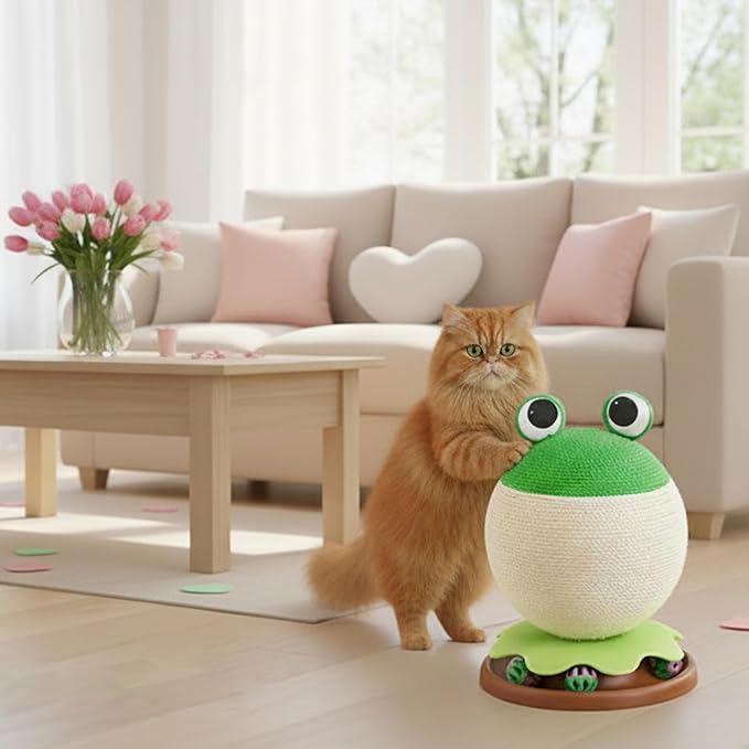 Frog Cat Scratcher - 3 in 1 Cute Cat Scratching Post for Indoor Cats with Bell Ball Track - Natural Sisal Cat Scratcher Ball Toy Orange/Bee Aesthetic Cat Furniture, Space-Saving Interactive Kitten Toy