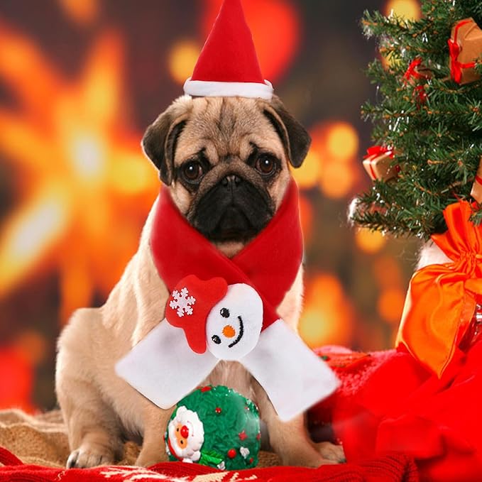 Amosfun Christmas Dog Scarf and Santa Hat Set, 2pcs Holiday Pet Costume Accessories, Soft Festive Pet Collar and Cap for Dogs and Cats, for Christmas Party Supplies