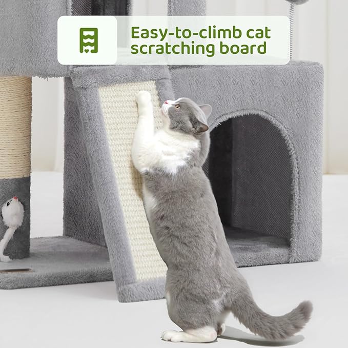 24inch Tall Cat Tree with 2 Cat Condo and Mouse Toy Cozy Small Cat Tower with Scratching Post and Board for Kitties and Small Cats.（Light Grey） (22 * 13 * 28)