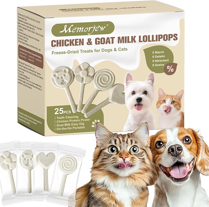 Memorjew 25PCS Chicken & Goat Milk Freeze- Dried Lollipops｜Individually Wrapped, Portable Dental Food for Dogs & Cats (Chicken)