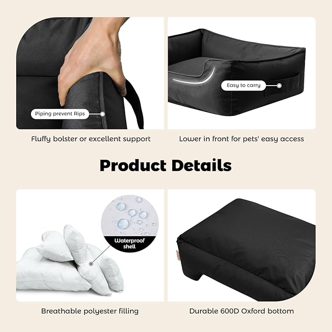 Miguel Outdoor Waterproof Cat Bed with Side, Oxford Durable Dog Bed for Small Dog Easy Clean, All Weather Rectangle Medium Pet Bed Bolster Tough Puppy Bed Scratch Resistant Removable Cover, 25 inches