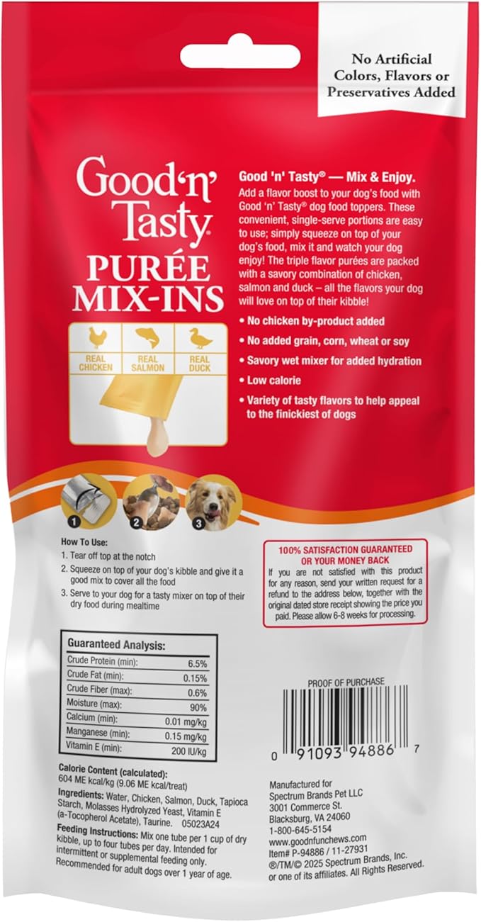 Good 'n' Tasty Triple Flavor Puree Mix-Ins Dog Food Topper Treats for All Dogs, 7 Count, Easy Single-Serve Portions, Added Protein with Chicken, Salmon and Duck