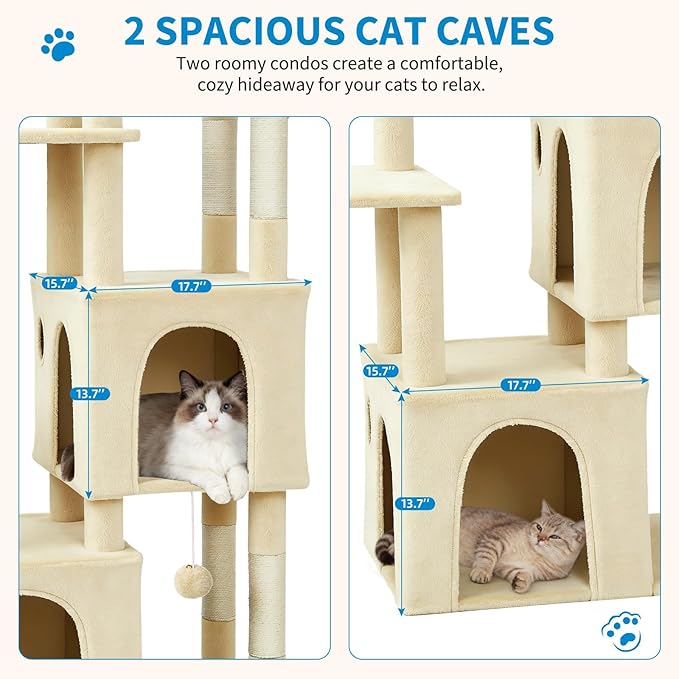 GarveeLife 61" Multi-Level Cat Tree for Indoor Cats, Heavy-Duty Tower for Large Adult & Maine Coon Cats with Oversized Perch, Dual Condos, Natural Sisal Scratching Posts & Play Toys – Beige