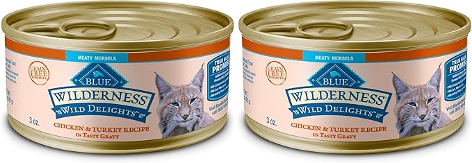 Blue Buffalo Wilderness Wild Delights Meaty Morsels Wet Cat Food,High-Protein & Grain-Free,Made with Natural Ingredients,Chicken & Turkey Recipe in Tasty Gravy,3-oz. Cans,(Pack of 48)