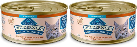 Blue Buffalo Wilderness Wild Delights Meaty Morsels Wet Cat Food,High-Protein & Grain-Free,Made with Natural Ingredients,Chicken & Turkey Recipe in Tasty Gravy,3-oz. Cans,(Pack of 48)