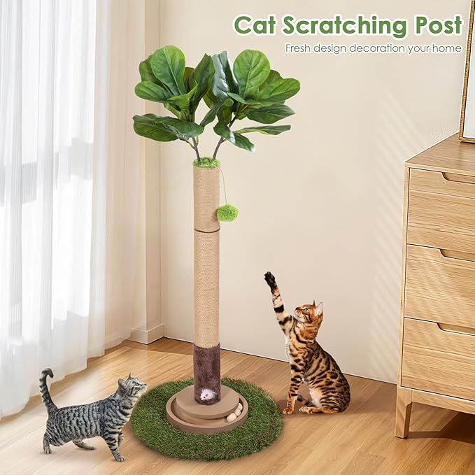 Cat Scratching Post, 35 Inch Tall Cat Scratcher Cat Tree Tower with Hanging Ball for Indoor Cats Adults,Fiddle Leaf Sisal Rope Kitten Scratch with Interactive Mouse Cat Toy