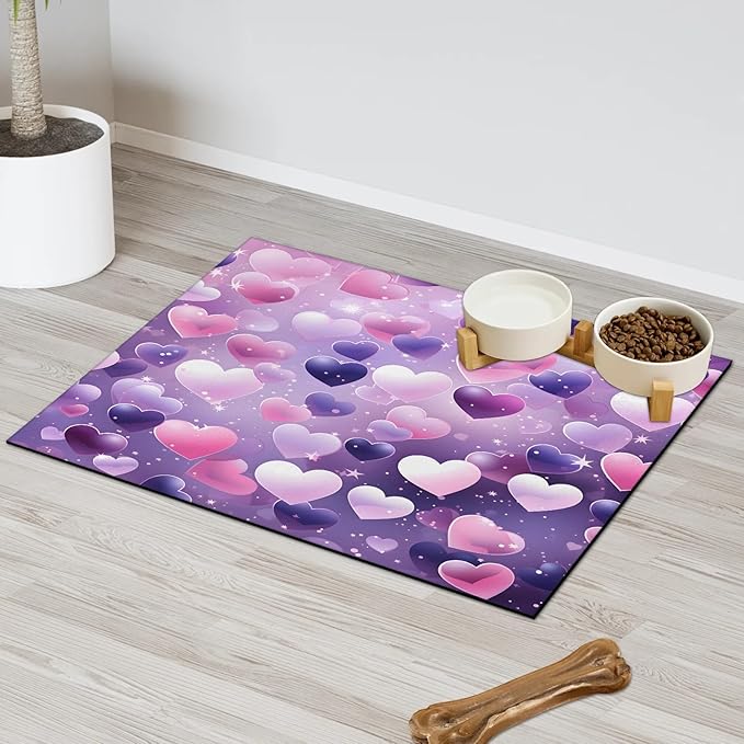 Valentine's Day Dog Food Mat for Floors Absorbent, Quick Dry Water Dispenser Mat for Food, Water, Pet Supplies 24" x 32", Pink Purple Heart