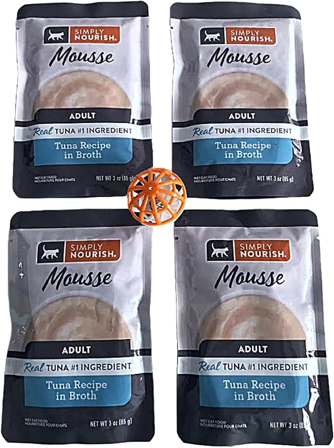 SIMPLY NOURISH Adult Cat Mousse Recipe in Broth. 4-Pack 3 oz Pouches Plus Cat Toy (Toy Varies) (Tuna Recipe in Broth)