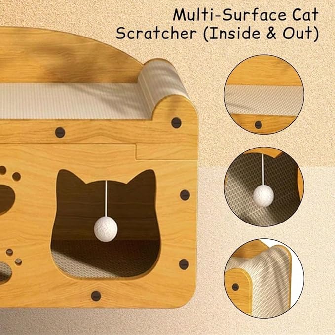 Multi-Function Cat Scratcher House Box,3-in-1 Scratch Pad and Soft Bed & Play Cave with Toys, Durable Build & Ideal for Cats/Kitty (Yellow,MD-CAT1)