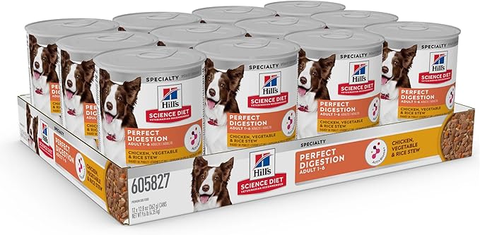 Hill's Science Diet Perfect Digestion, Adult 1-6, Digestive Support, Wet Dog Food, Chicken, Vegetable & Rice Stew, 12.8 oz Can, Case of 12