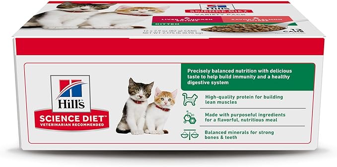 Hill's Science Diet Kitten, Kitten Premium Nutrition, Wet Cat Food, Variety Pack: Liver & Chicken; Salmon Minced, 2.9 oz Can Variety Pack, Case of 12
