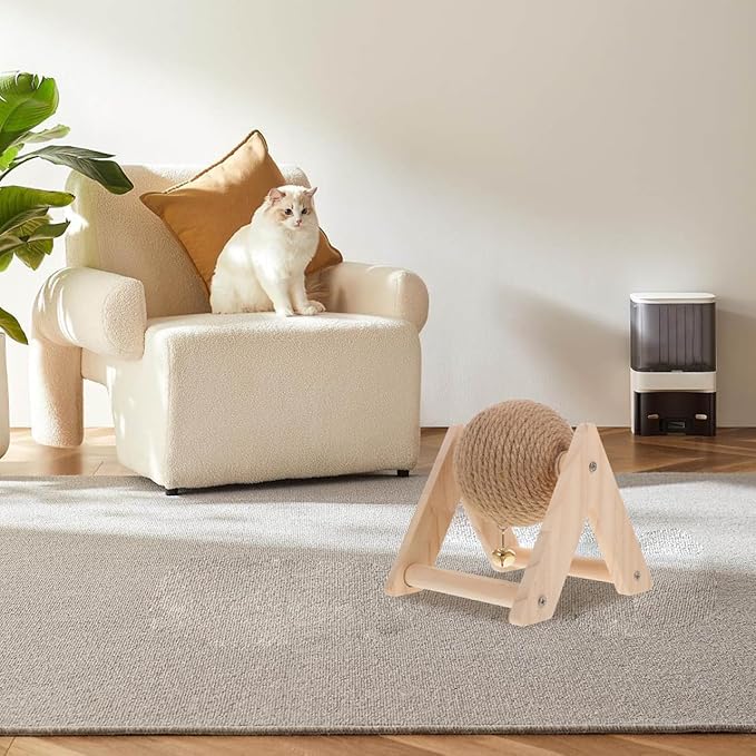 Aboofan Cat Scratcher Toy with Sisal Ball Cats Scratching Rope Ball Interactive Rotatable Wood Pet Scratcher Toys Durable for Indoor to Grind Claws Pet Furniture Supplies
