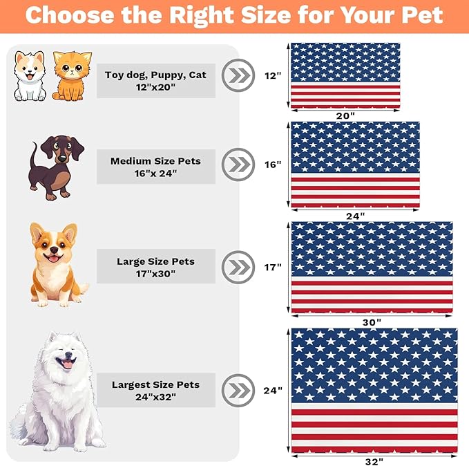 4th of July Dog Food Mat for Floors Absorbent Dog Bowl Mat for Food and Water Dispenser Quick Dry Cat Food Placemat Pet Supplies 12" x 20", Stars Stripes