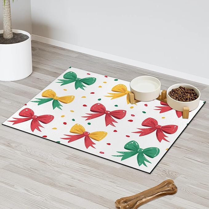 Christmas Bow Dog Food Mat for Floors Absorbent, Quick Dry Water Dispenser Mat for Food, Water, Pet Supplies 24" x 32", Colorful Cute Bow