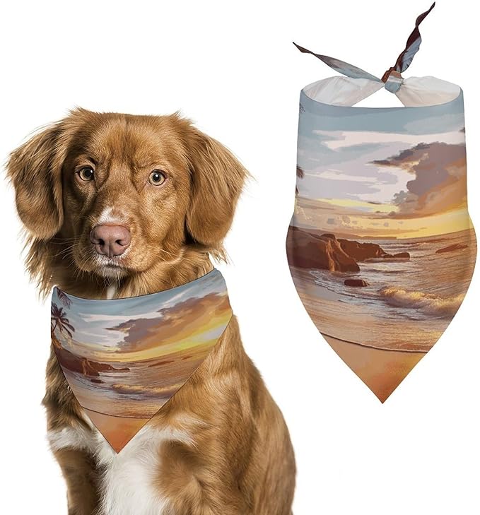 Dog Bandana Spring Pet Scarf Adjustable Triangle Tropical Beach at Sunset Printing Dog Bib Washable Polyester Puppy Bandana for Small Medium Large Dogs Cat Birthday Party Supplies