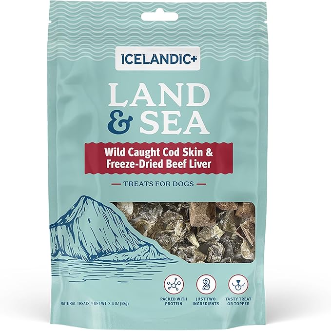 Icelandic+ Land & Sea: Wild Caught Cod Skin & Freeze-Dried Beef Liver - 2.4oz Bag, Dog Treat & Food Topper, 2 Ingredients, No Preservatives, Natural