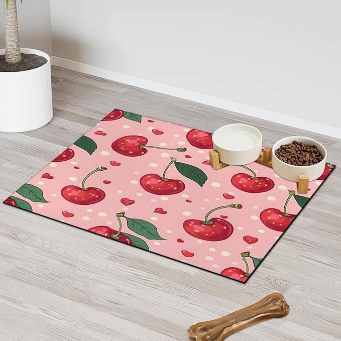 Pink Cherry Dog Food Mat for Floors Absorbent Dog Bowl Mat for Food and Water Dispenser Quick Dry Cat Food Placemat Pet Supplies 12" x 20", Cute Fruit