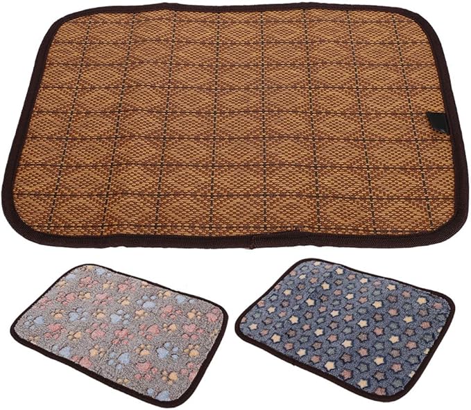 AYNEFY Doublesided Pet Mat Dog Daily Supplies Rattan and Warm Plush Cat Dog Bed for Summer Winter Use with Strong Edging for Cages Or Floor Doublesided Pet Mat Soft Breathable Cooling (M)