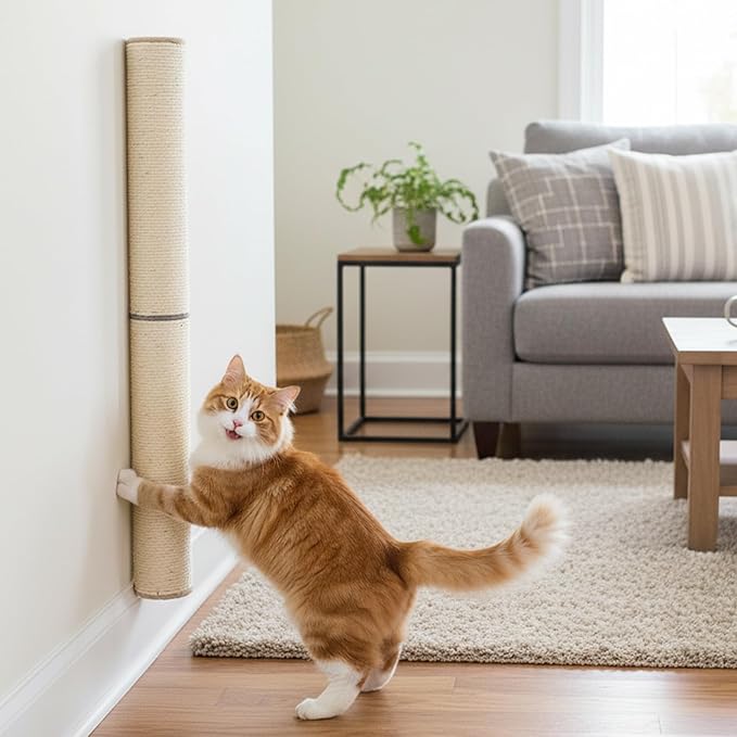 PowerKing Wall Mounted Cat Scratcher, 24" Vertical Sisal Scratching Post for Indoor Cats, Space-Saving Wall Cat Furniture with Natural Jute Rope & Rotatable Design