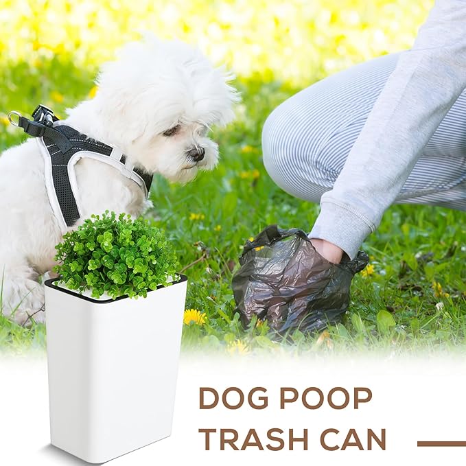 Dog Poop Trash Can Outside 3.96 Gal/15 L Plant Styled Dog Waste Trash Can with Lid 50 Pcs Plastic Waste Bags Outdoor Indoor Poop Container Slim Garbage Bin for Yard Garden Pet (White)
