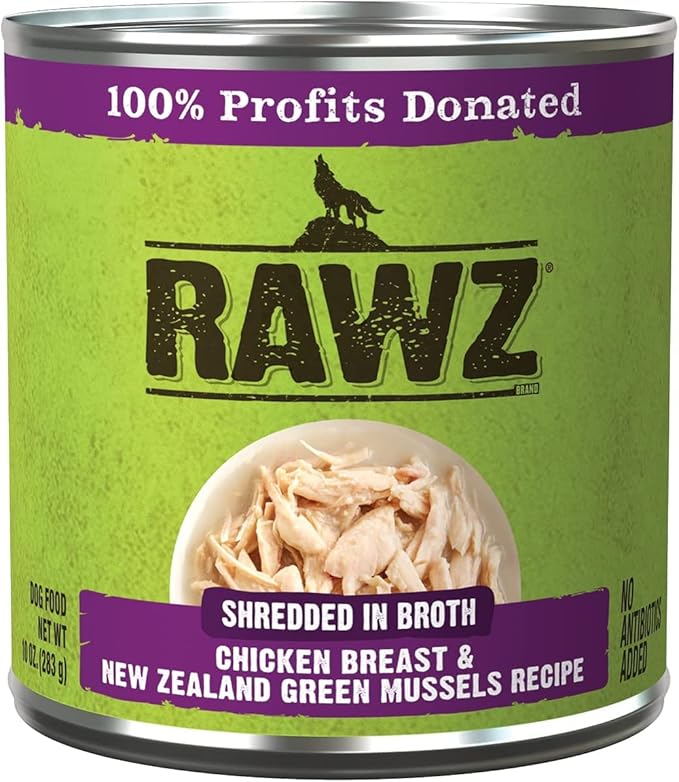 Rawz - in Broth Canned Adult Dog Food (Shredded Chicken in Broth) with New Zealand Green Mussels - 12 Cans -10 OZ Cans (Chicken Breast&Mussels-Shredded)