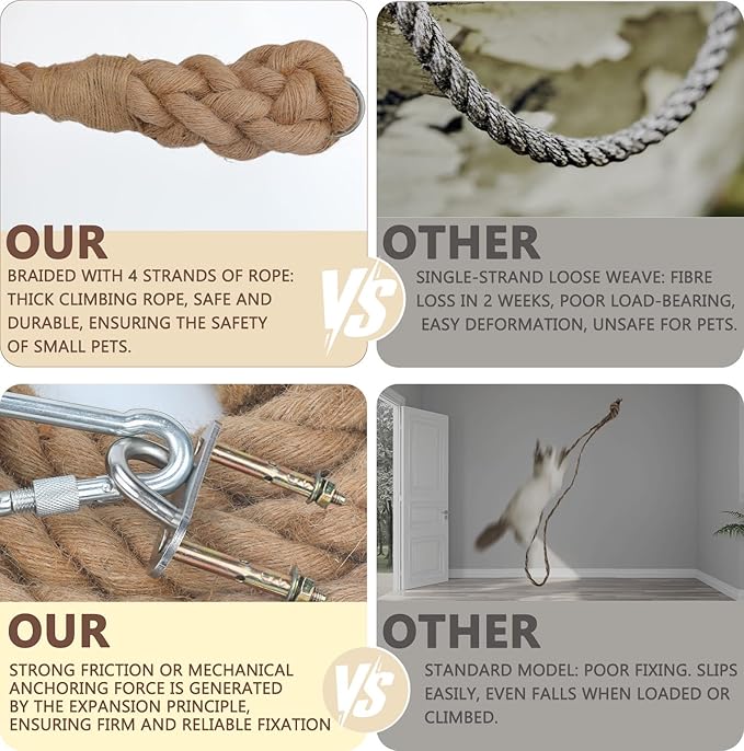 2" x 9.8Ft Cat Climbing Rope with Hook, Natural Sisal Ropes for Ceiling and Wall Mounted, Durable Space Saving Cat Climbing Jute Rope Toy with Scratching Kitten Rope for Indoor and Outdoor