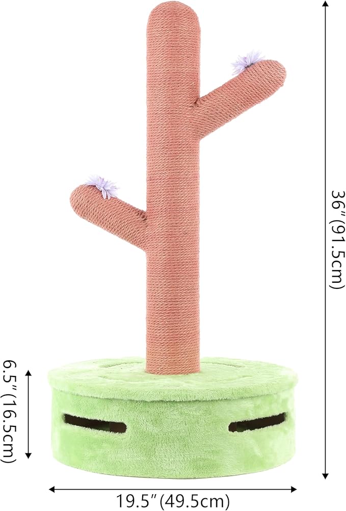 CTR1004A Rosa 36" Modern Jute Cactus Cat Scratching Post with Flower Toys and Built-in Bell Toys, Pink/Green