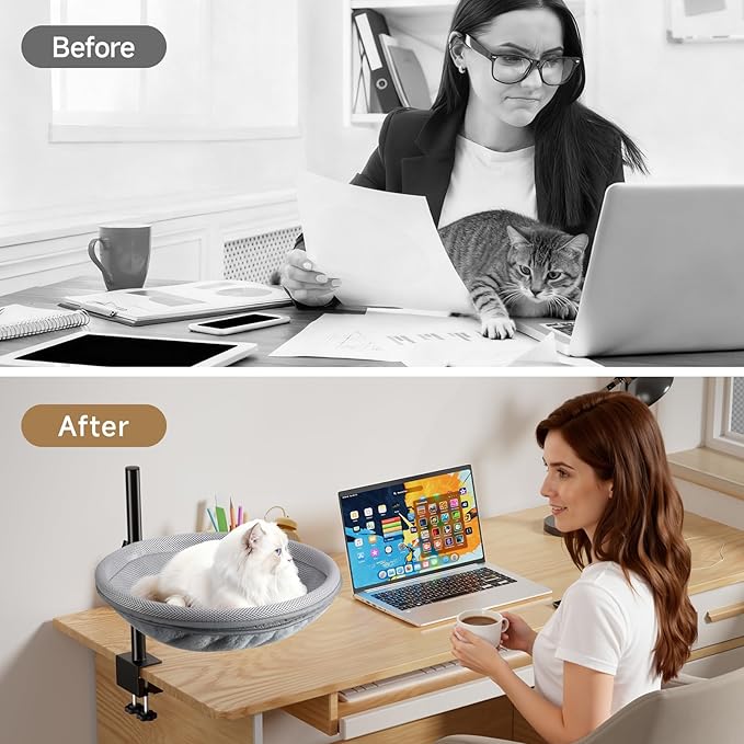 Cat Desk Bed, 360° Rotating Height-Adjustable Cat Hammock Desk, Home Office Pet Bed with Removable Washable Double-Sided Faux Rabbit Fur Mesh Pet Nest Bed