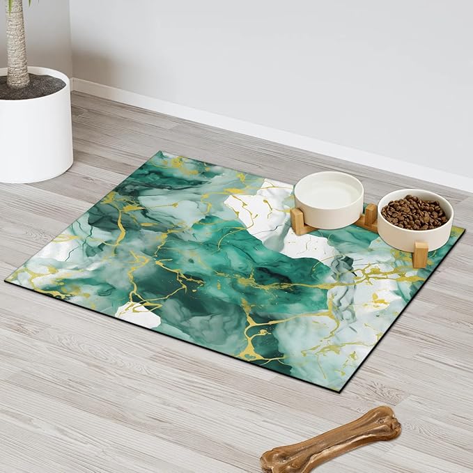 Marble Dog Food Mat for Floors Absorbent, Quick Dry Water Dispenser Mat for Food, Water, Pet Supplies 24" x 32", Green Gold Abstract