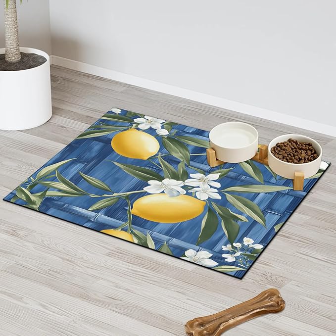 Lemon Dog Food Mat for Floors Absorbent Dog Bowl Mat for Food and Water Dispenser Quick Dry Cat Food Placemat Pet Supplies 12" x 20", Leaves Flower