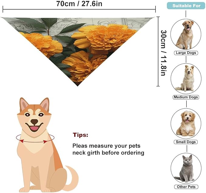 Dog Bandana Spring Pet Scarf Adjustable Triangle Marigold Printing Dog Bib Washable Polyester Puppy Bandana for Small Medium Large Dogs Cat Birthday Party Supplies