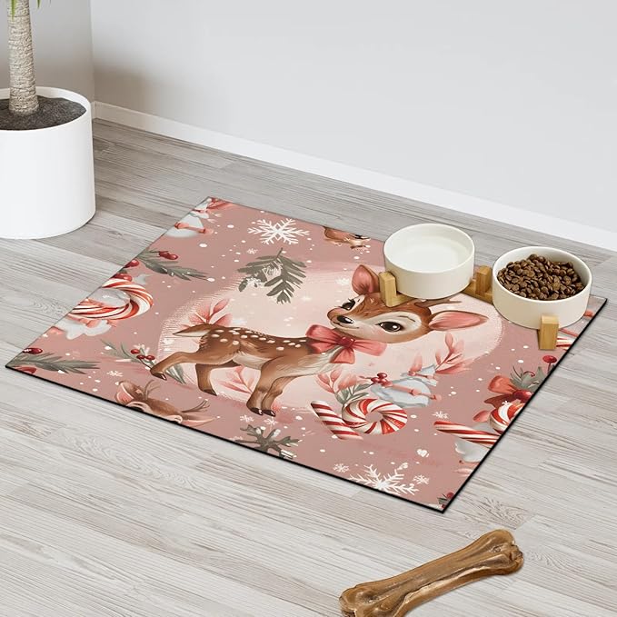 Christmas Deer Dog Food Mat for Floors Absorbent, Quick Dry Water Dispenser Mat for Food, Water, Pet Supplies 16" x 24", Cute Animal