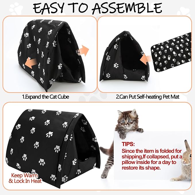 Winter Outdoor Cat House with Self Warming Pad Blanket 17'' x 12'' Weatherproof Foldable Feral Cat Shelter Waterproof Outside Warm Bed Cave Tent for Dogs Puppy Wild Animal Indoor Home