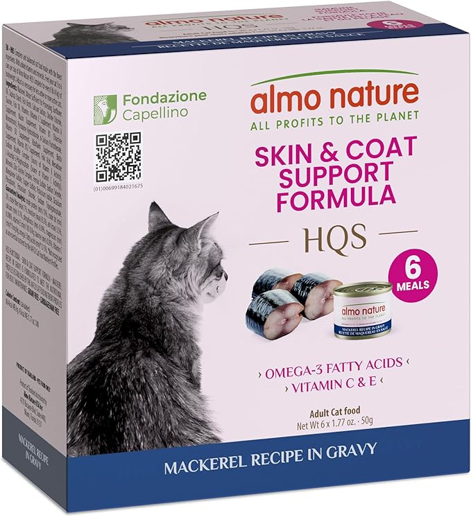 almo nature Supportive Formulas Cat Skin & Coat Support Formula HQS Flaked Mackerel in Gravy Wet Cat Food, 1.77-oz can, case of 6