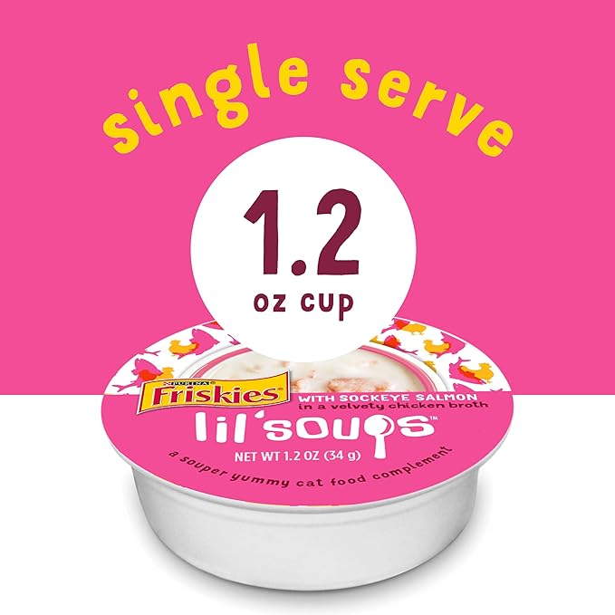 Purina Friskies Lil’ Soups Wet Cat Food Complements Variety Pack Salmon, 1.2 Ounce (Pack of 16)