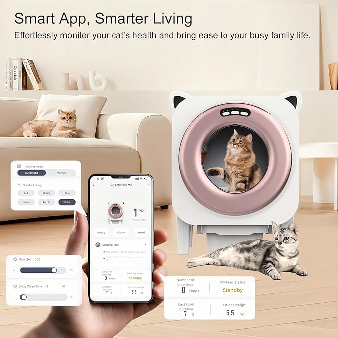 Self Cleaning Litter-Box for Multiple Cats with 76L Large Capacity,Automatic Litter Box with App Control and Safety Sensors Protection (Rose Gold)