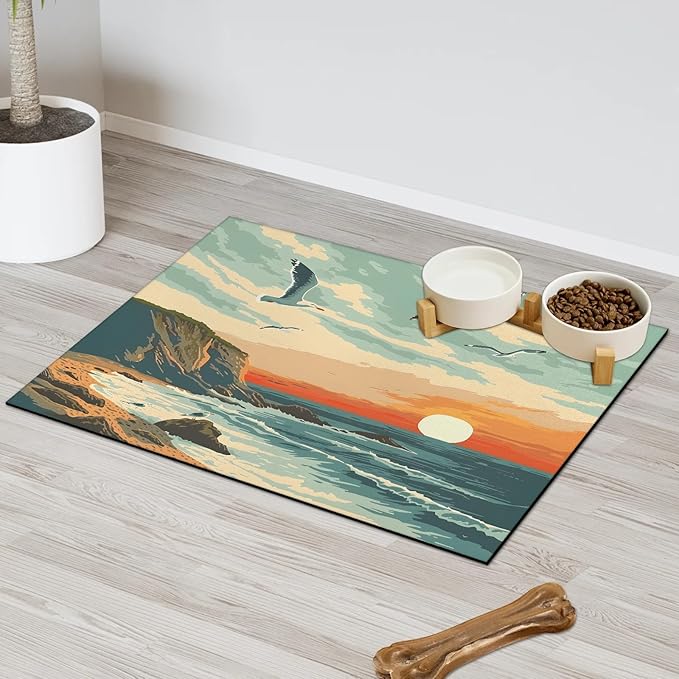 Beach Coastal Dog Food Mat for Floors Absorbent, Quick Dry Water Dispenser Mat for Food, Water, Pet Supplies 12" x 20", Ocean Landscape