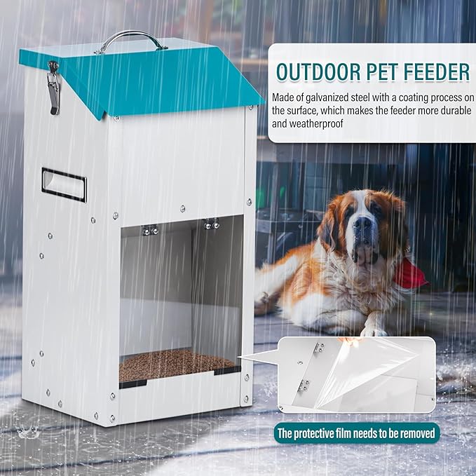 Automatic Dog Feeder Outdoor Galvanized Dog Food Dispenser 15lbs Pet Cat Feeding Station Metal Gravity Feeder for Puppy, Dog, Cat