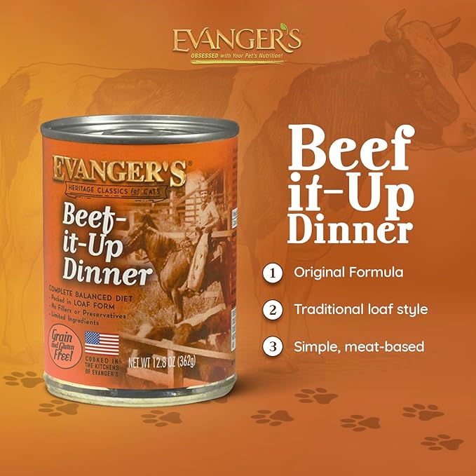 Evanger's Heritage Classics Beef It Up for Cats – 12 Count, 12.5 oz Each – Market Fresh Beef, Grain Free, Limited Ingredients, Traditional Loaf Style