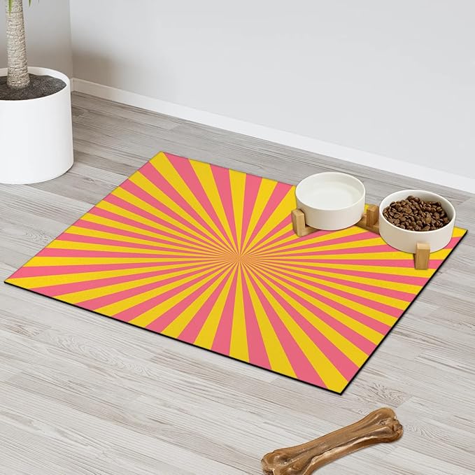 Striped Dog Food Mat for Floors Absorbent, Quick Dry Water Dispenser Mat for Food, Water, Pet Supplies 16" x 24", Pink Yellow