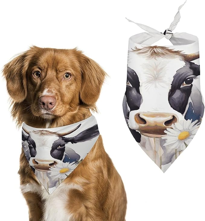 Dog Bandana Spring Pet Scarf Adjustable Triangle Watercolor Cow and Daisy Flower Printing Dog Bib Washable Polyester Puppy Bandana for Small Medium Large Dogs Cat Birthday Party Supplies