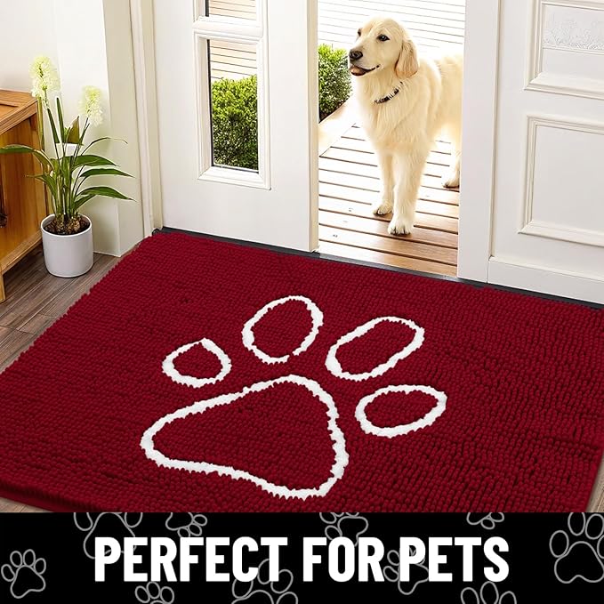 Smiry Dog Door Mat for Muddy Paws, Absorbent Dirt Trapper Non Slip Quick Dry Washable Chenille Mat for Mud Dogs, Entry Rug for Indoor and Outdoor (24x16 Inches, Red and White)